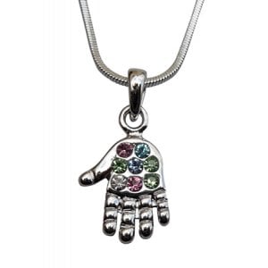 Open Hamsa Rhodium Pendant Necklace with Multicolor Stones