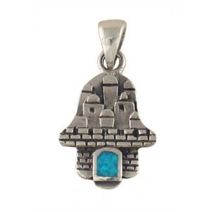 Silver Hamsa Jerusalem Pendant with opal