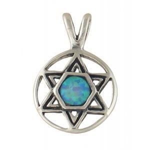 Silver and Opal Star of David in Circle Pendant