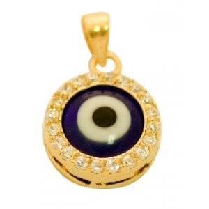 Gold Plated Evil Eye Amulet Pendant with Blue Enamel and Zirconium
