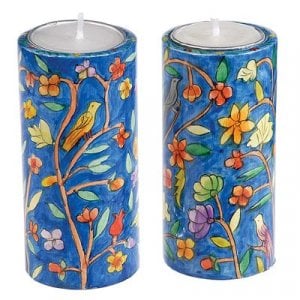 Yair Emanuel Cylinder Hand Painted Wood Shabbat Candlesticks - Oriental