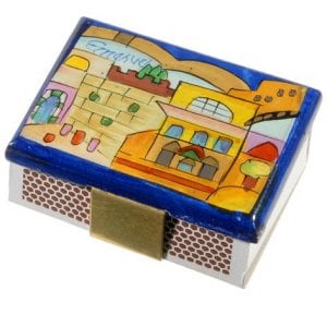 Yair Emanuel Painted Wood Matchbox Holder - Kotel and Jerusalem Scenes