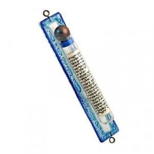 Itay Mager Blue Fused Glass Mezuzah Case - Scroll Decoration