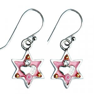 Pink Star of David Earrings with heart by Ester Shahaf
