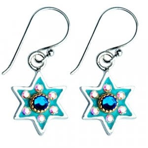 Ester Shahaf - Sterling Silver Stone Studded Turquoise Star of David Earrings