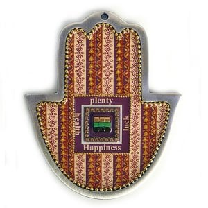 Iris Design Hand Painted Hamsa Gold Stripes, Choshen Image with Beads & Crystals