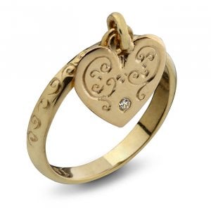 HaAri Gold Kabbalah Ring, Hanging Heart with Diamond - for Love and Matchmaking