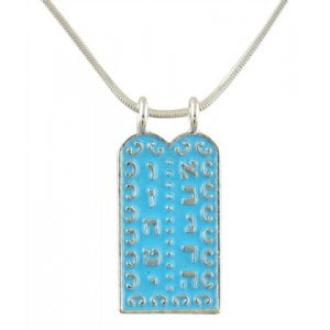 Rhodium Pendant Necklace with Ten Commandments Tablet - Blue