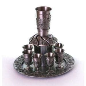 Pewter Plated Kiddush Wine Fountain with 8 Small Cups - Jerusalem Design