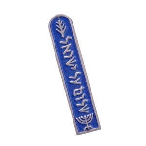 Shraga Landesman Blue Aluminum Mezuzah Case Jewish Symbols - Shalom Al Yisrael
