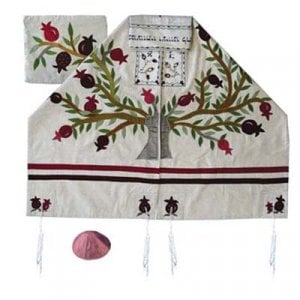 Yair Emanuel Embroidered Raw Silk Tallit Set, Tree of Life Pomegranate Tree - White