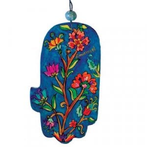 Yair Emanuel Hand Painted Wood Wall Hamsa, Red and Blue – Flowers