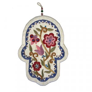 Yair Emanuel Colorful Hand-embroidered Raw Silk Wall Hamsa - Flowers
