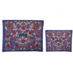 Yair Emanuel Blue Embroidered Tallit and Tefillin Bag Set - Pomegranates