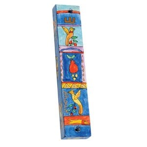 Yair Emanuel Small Hand Painted Wood Mezuzah Case - Birds and Pomegranates