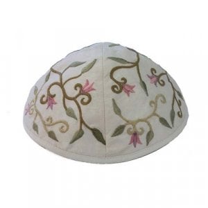 Yair Emanuel Kippah, Embroidered Flowers and Leaves - White