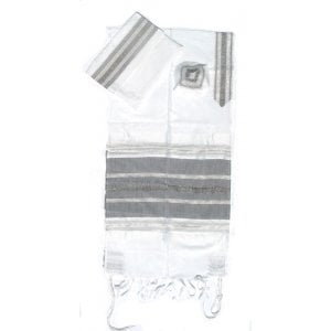 Gabrieli Handwoven White Silk Tallit Set - Black and Silver Stripes