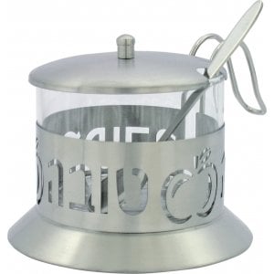 Stainless Steel and Glass Honey Dish with Handle, Lid and Spoon
