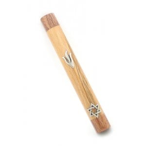 Light Brown Wood Rounded Mezuzah Case - Shin and Star of David in Silver Pewter