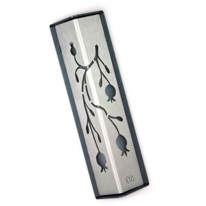 Shraga Landesman Angular Shiny Silver Aluminum Mezuzah Case - Pomegranate Motif