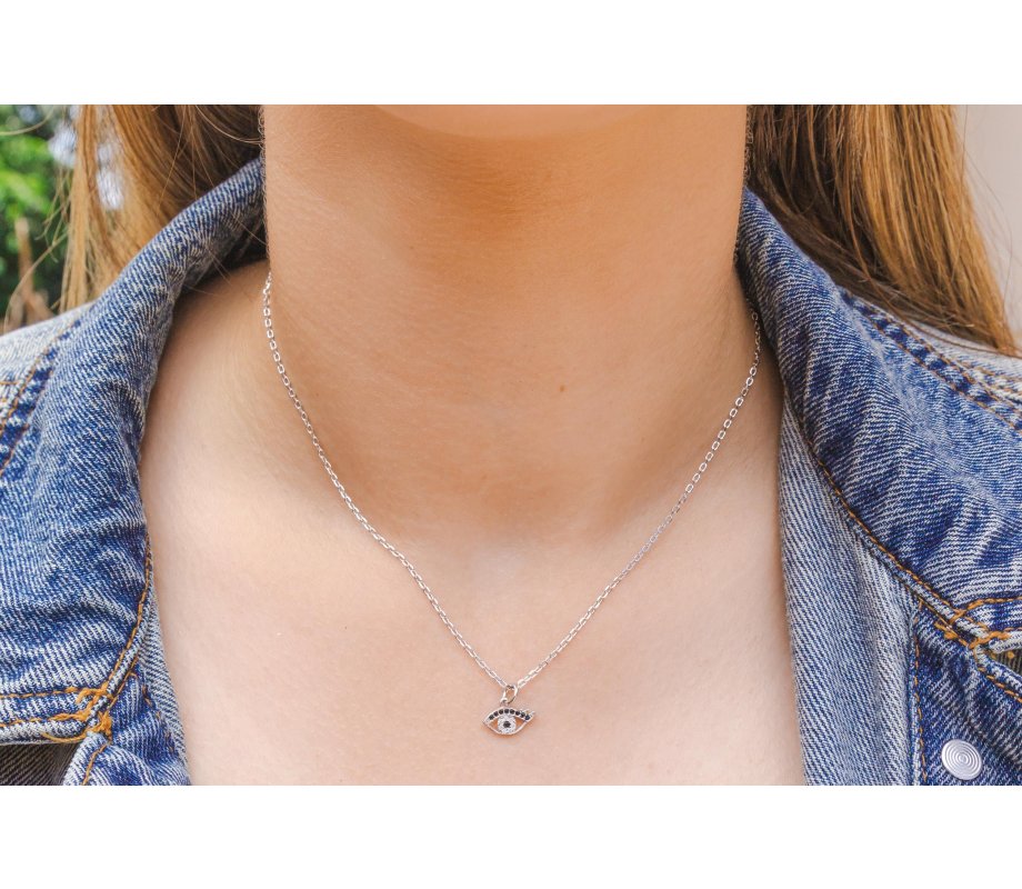 .925 Sterling Silver Necklace with Blue & White Zircons - Evil Eye Charm Pendant