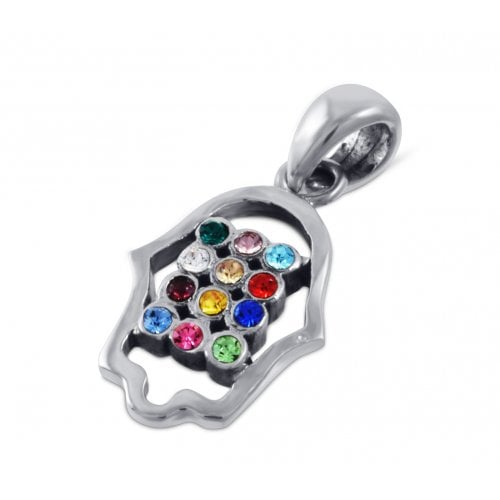 925 Sterling Silver Pendant Necklace - Hamsa with Colorful Choshen Breastplate