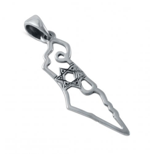925 Sterling Silver Pendant Necklace - Outline of Israel with Star of David