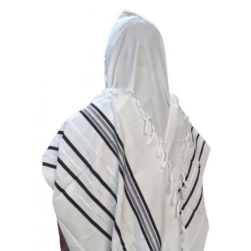 Acrylic Non-Slip Tallit, Textured Checkerboard Weave - Black and Silver Stripes