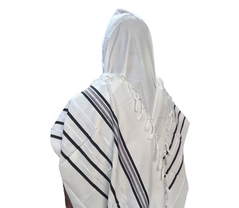 Acrylic Non-Slip Tallit, Textured Checkerboard Weave - Black and Silver Stripes