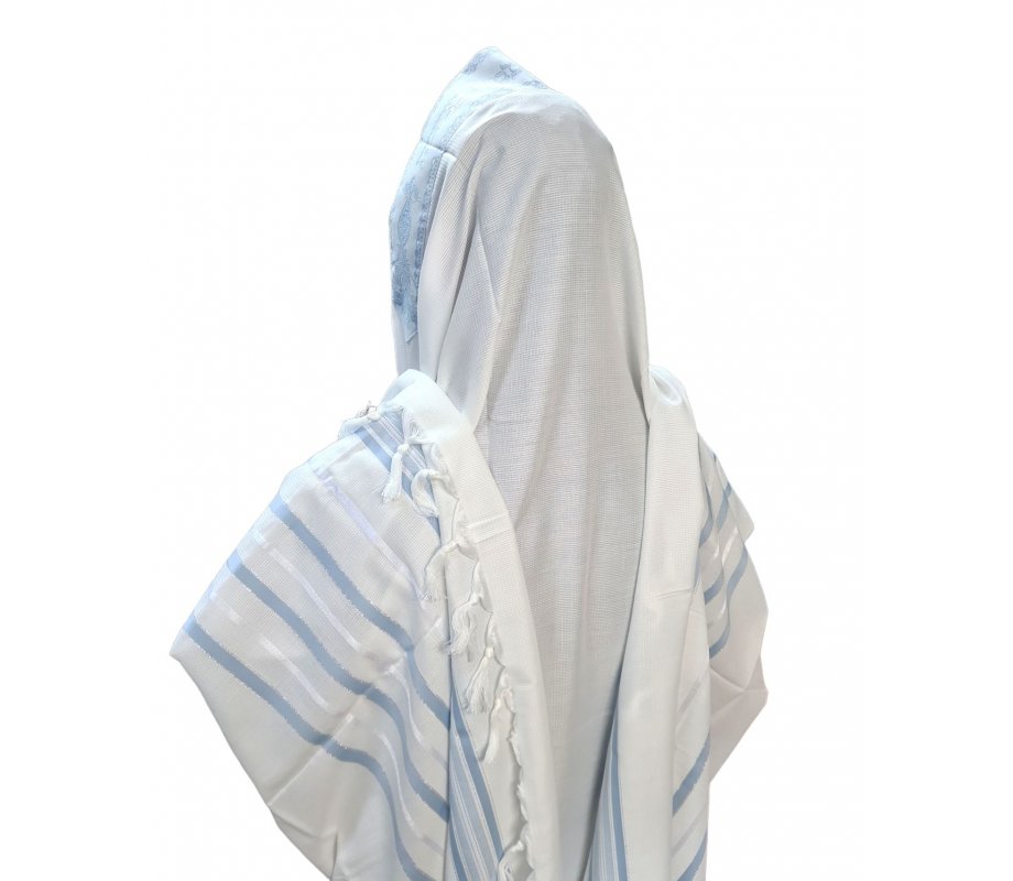 Acrylic Non-Slip Tallit, Textured Checkerboard Weave - Sky Blue and Silver Stripes