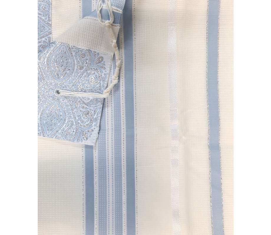 Acrylic Non-Slip Tallit, Textured Checkerboard Weave - Sky Blue and Silver Stripes