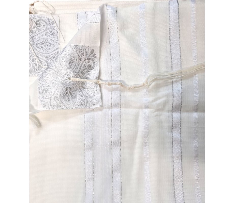 Acrylic Non-Slip Tallit, Textured Checkerboard Weave – White and Silver Stripes