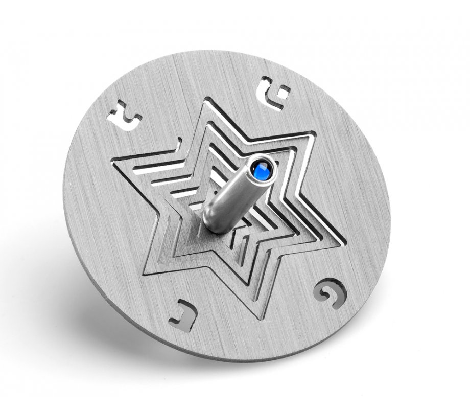 Adi Sidler Anodized Aluminum Chanukah Dreidel and Stand, Star of David - Silver