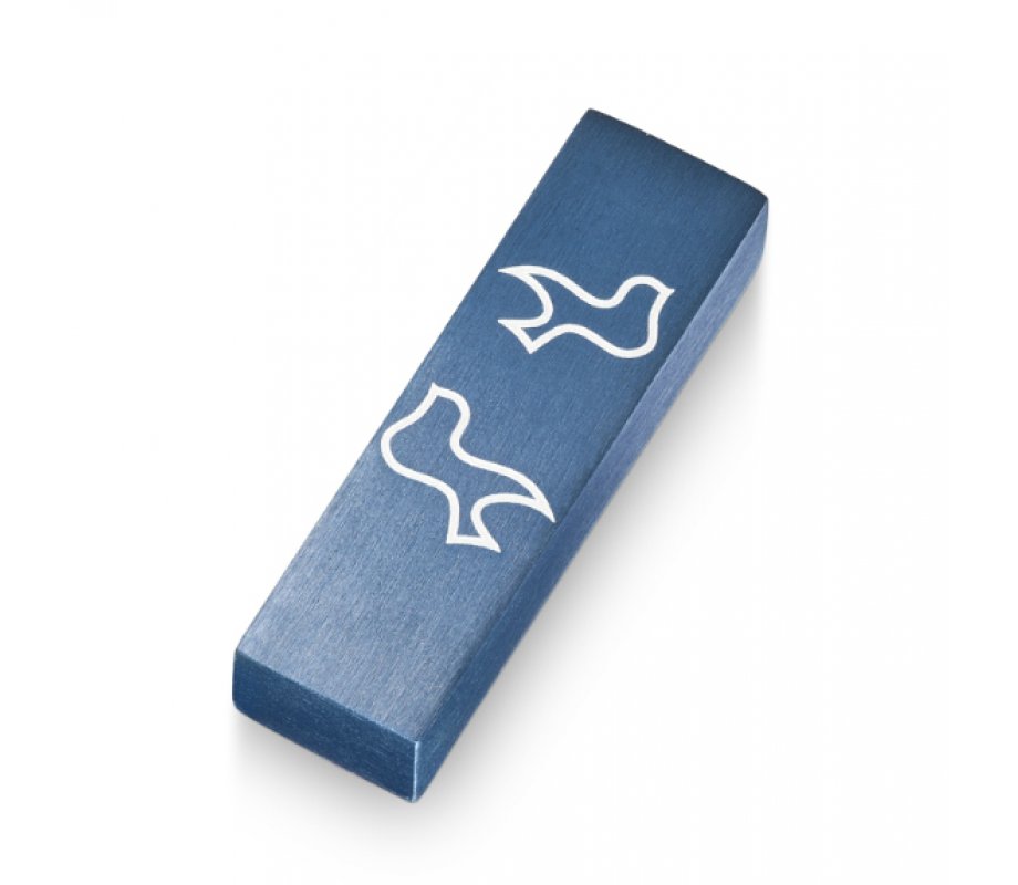 Adi Sidler Brushed Aluminum Car Mezuzah, Peace Doves - Blue
