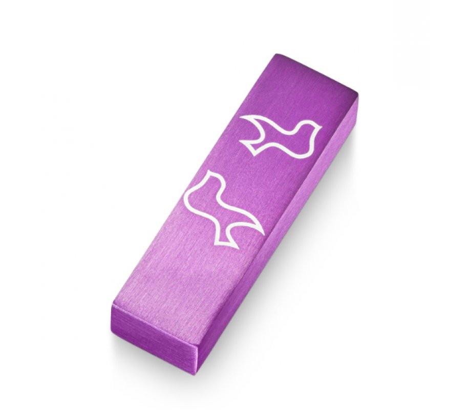 Adi Sidler Brushed Aluminum Car Mezuzah, Peace Doves - Purple