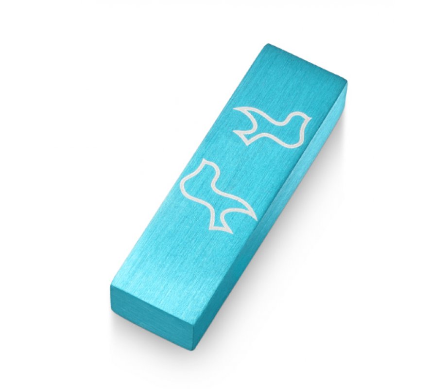 Adi Sidler Brushed Aluminum Car Mezuzah, Peace Doves - Turquoise