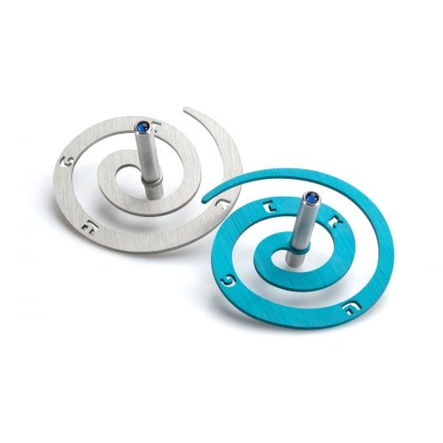 Adi Sidler Double Spiral Chanukah Dreidel Brushed Aluminum - Turquoise and Silver