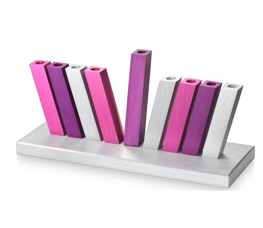 Adi Sidler Kinetic Hanukkah Menorah Aluminum - Purple Pink and Silver Rods