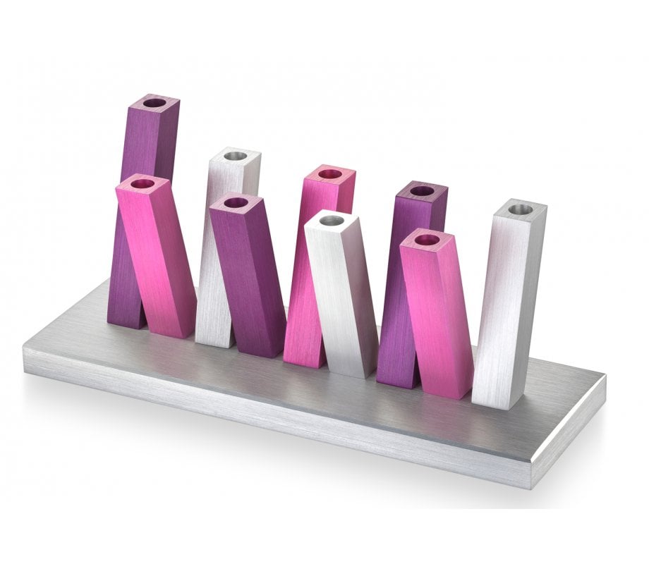 Adi Sidler Kinetic Hanukkah Menorah Aluminum - Purple Pink and Silver Rods
