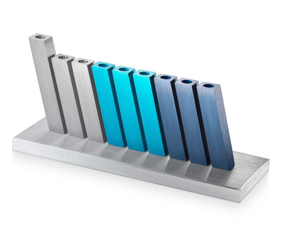 Adi Sidler Kinetic Hanukkah Menorah Aluminum - Turquoise, Blue and Silver Rods