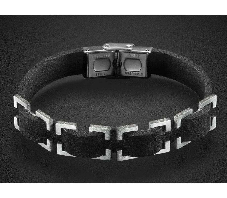 Adi Sidler, Man's Black Leather Bracelet with Stainless Steel Open Buckle Design