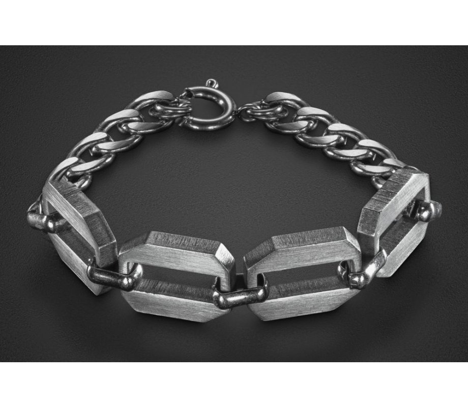 Adi Sidler, Stainless Steel Man's Bracelet Four Large Hexagonal Open Discs