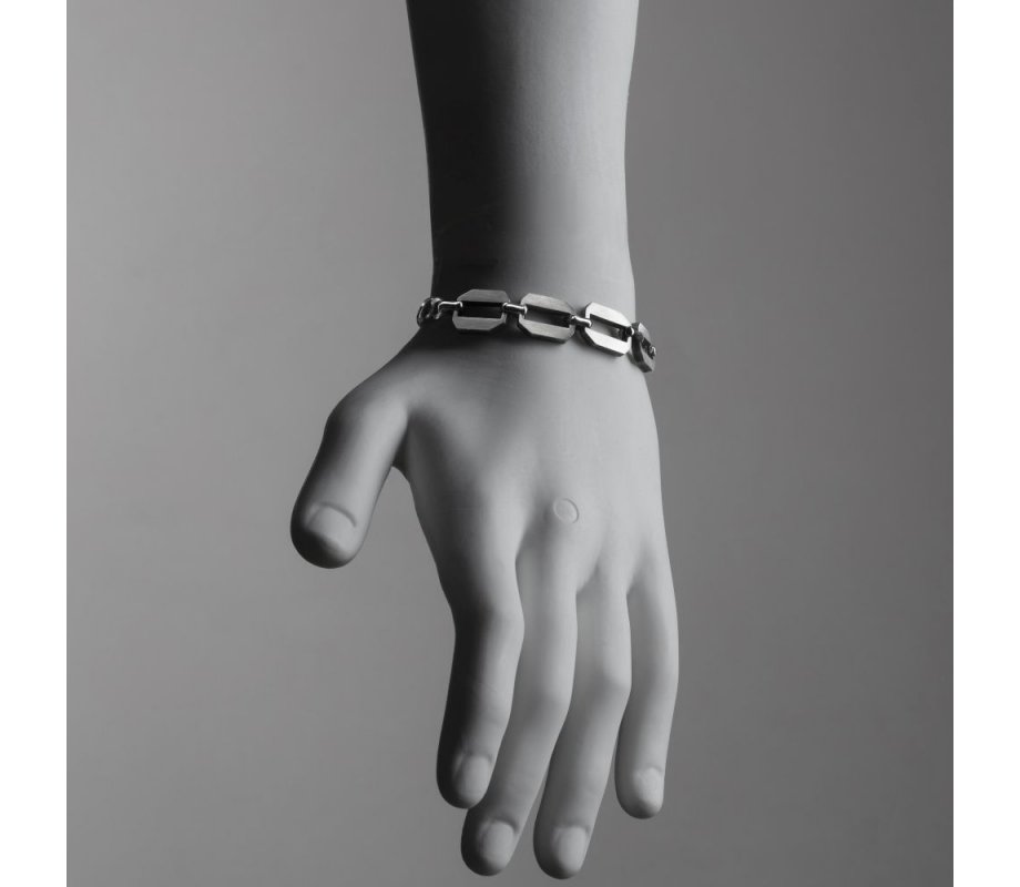 Adi Sidler, Stainless Steel Man's Bracelet Four Large Hexagonal Open Discs