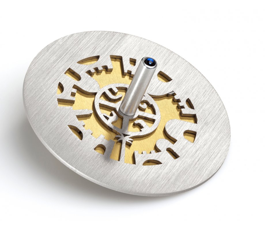 Adi Sidler Two Tone Chanukah Dreidel and Stand, Cutout Jerusalem Design - Gold