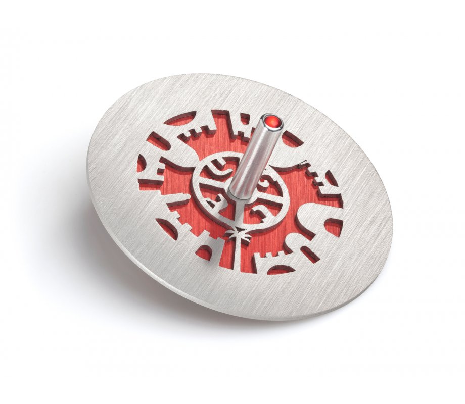 Adi Sidler Two Tone Chanukah Dreidel and Stand, Cutout Jerusalem Design - Red