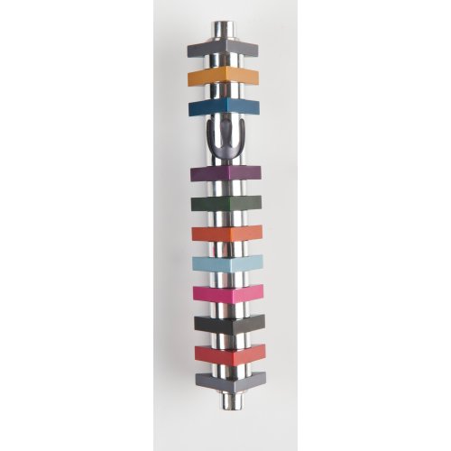 Agayof Cylinder Mezuzah Case with Triangles, Light Colors - 6 Inches Height