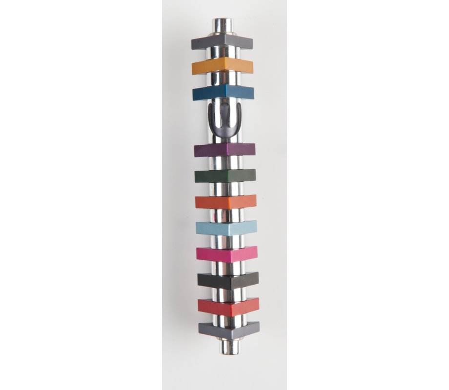 Agayof Cylinder Mezuzah Case with Triangles, Light Colors - 6 Inches Height