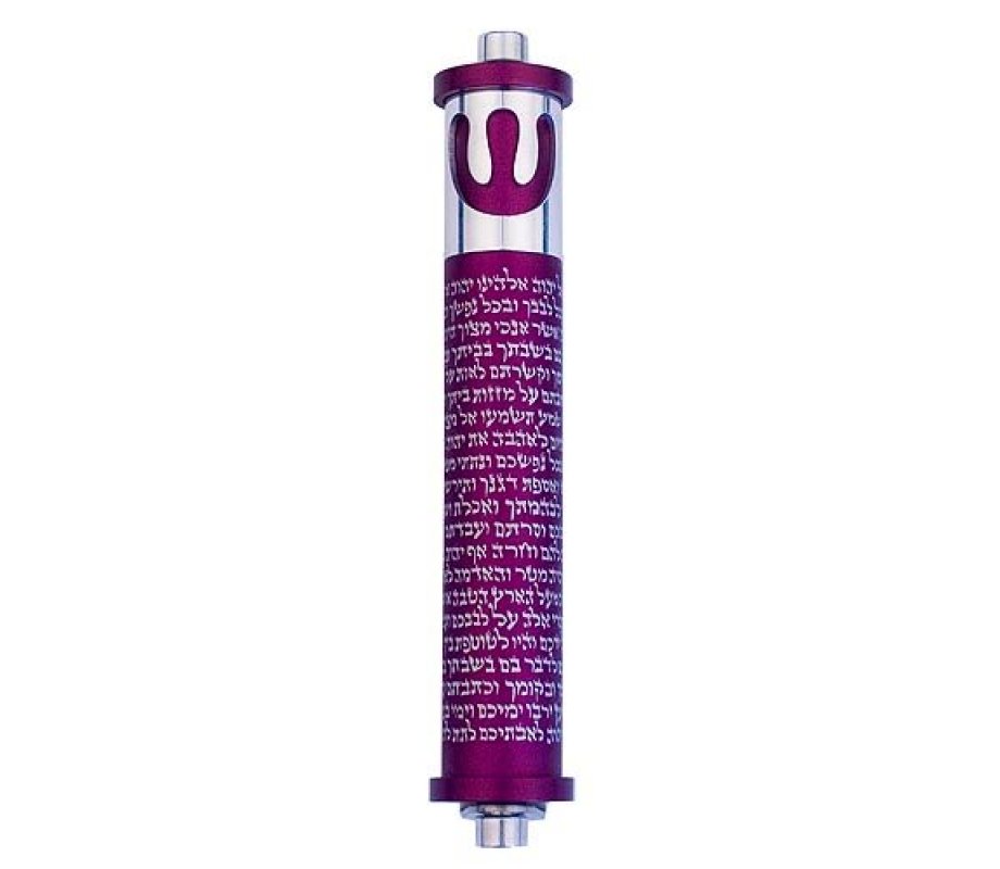 Agayof Cylinder Mezuzah, Shema and Curving Shin Dark Colors - 4 Inches Height