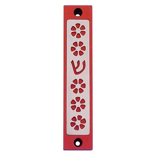 Agayof Mezuzah Case, Five Flowers and Shin in Dark Colors – 4 Inches Height