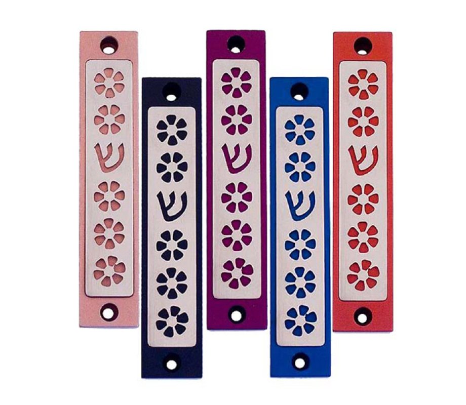Agayof Mezuzah Case, Five Flowers and Shin in Dark Colors – 4 Inches Height